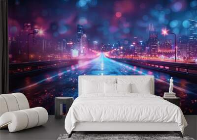 Illustration showcasing a wide view of a futuristic city at night, with a highway illuminated by traffic car lights, presented in a cyberpunk style. Wall mural