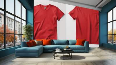 Isolated mockup template of a blank fashion t-shirt in red color, displayed on a white background for customization. Wall mural