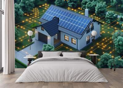 Isometric vector illustration of a simple diagram representing a hybrid solar cell system with colorful house concept and inverter panels isolated. Wall mural