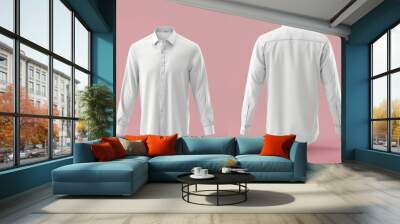 Mockup of a blank long sleeve collared shirt, exhibiting front and back views. This plain t-shirt mockup is suitable for tee design presentations, rendered in 3D illustration. Wall mural