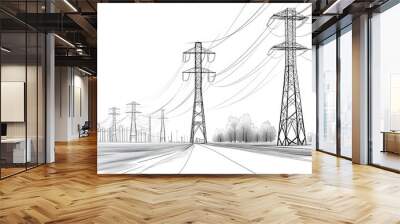 Monochrome illustration of high voltage power line towers presented as an electric transmission vector illustration Wall mural