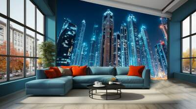 Nighttime scene of downtown Dubai UAE with glowing lights and luxurious modern buildings a top travel destination Wall mural