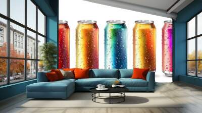 Realistic metal cans. Aluminum soda and lemonade cans with water drops, energy drink blank mockup. Vector isolated set canned beverages with water condensation on white background Wall mural