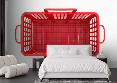 Red supermarket shopping cart. 3d top view vector illustration. Photo realistic empty basket for food products. Customers market trolley mockup. Single object isolated on white. Mall equipment Wall mural