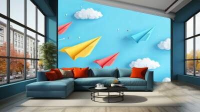 School notebook background. 3d flying yellow, red and blue paper airplanes in the sky with hand drawn clouds. Vector cartoon children planes in air Wall mural