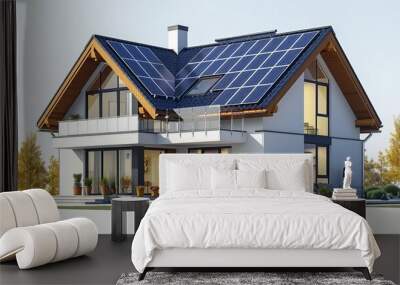 Simple diagram of an on-grid type solar cell system for day and night use, with house layout concept and inverter panels isolated in vector format. Wall mural