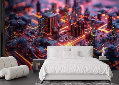 Smart city concept represented by a microchip surrounded by buildings and an electronic pattern, depicted in an isometric view. Wall mural