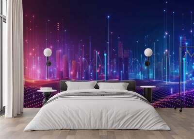 Smart city concept with abstract dot points connected by gradient lines and intricate wave designs Illustrates big data connection technology Wall mural