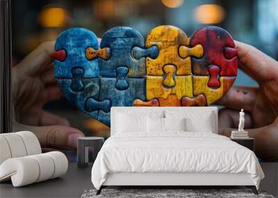 Two individuals piece together a heart-shaped puzzle, representing the concept of building love relationships. Wall mural