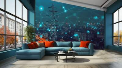 Urban electricity poles linked to a smart grid for energy distribution and transmission, emphasizing high-voltage supply. Wall mural