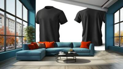 Vector illustration of a realistic black short sleeve t-shirt template against a white background, offering front and back views for customization. Wall mural