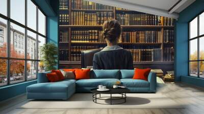 Woman working in a library with an image of a book Museum Librarian Curator Wide image for banners advertisements Wall mural