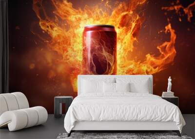 A powerful portrayal of an energy drink can in the midst of a dynamic explosion, fiery energy radiating outward Wall mural