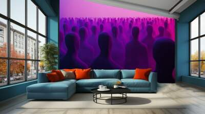 Crowd of people standing in purple fog at night Wall mural