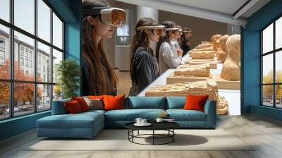 Group of students wearing virtual reality glasses in museum of archeology Wall mural