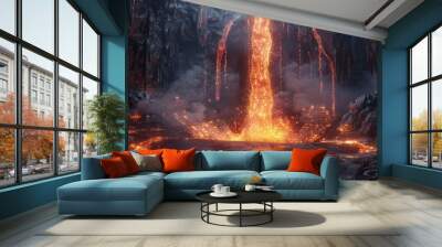 Lava waterfall with flowing lava from the active volcano during eruption, nature concept Wall mural