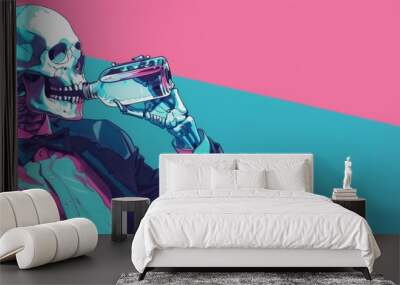 Skeleton in suit drinking hard liquor from the flask on the bright blue and pink background  Wall mural