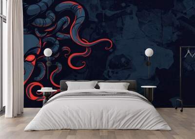 Spooky medusa woman with red eyes isolated on the dark background with copy space Wall mural