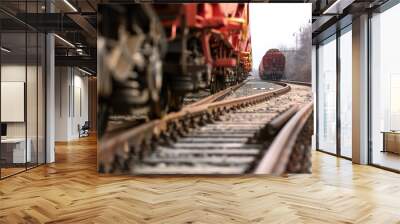 Train wagons carrying freight containers for shipping companies. distribution and freight transport by a railway, transport concept Wall mural