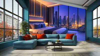 3D panoramic illustration of a luxury modern bedroom with city view. Hotel suite with private bathroom and double bed.  Wall mural