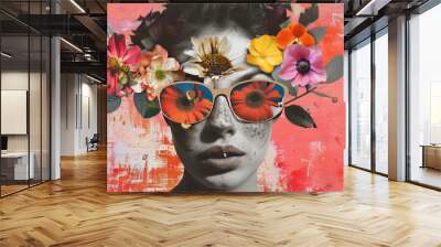 Abstract contemporary art collage portrait of young woman with flowers on face hides her eyes Wall mural