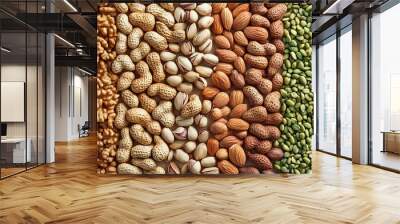 Background from different types of nuts and seeds - peeled walnut, hazelnuts, peeled peanut, pine nut kernels, almond seeds, cashew seeds, pistachio nuts in the shell, pumpkin seeds  Wall mural