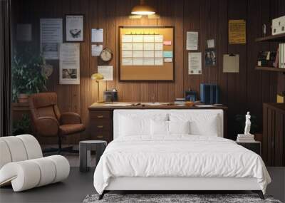 Detective office interior with evidence board on wall  Wall mural