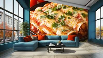 Enchiladas de Pollo: Corn tortillas filled with shredded chicken, topped with a tomato or chili sauce and cheese.  Wall mural