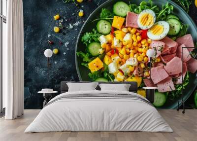 Festive salad with ham, cucumber, boiled eggs, sweet corn and mayonnaise on rustic.  Wall mural