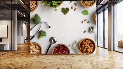 Organic healthy food in wooden bowls,medical stethoscope and green heart shape on white background for the health concept.Top view  Wall mural