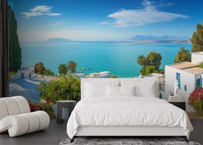 Panoramic landscape with typical white blue houses and beautiful view of seaside. Sidi Bou Said, Tunisia, North Africa  Wall mural