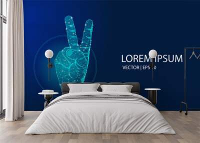 Abstract hand peace sign hand on a blue light background. reconciliation Futuristic and modern concepts suitable for backdrop, and banner concepts. Vector illustration Wall mural