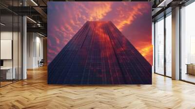 Dramatic view of a tall glass skyscraper reflecting the fiery sunset, ideal for architectural design, real estate promotion, and corporate branding.
 Wall mural