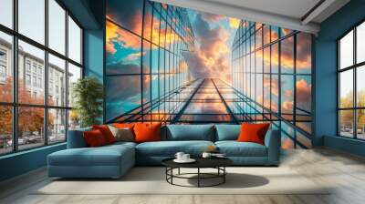 Reflective glass skyscraper capturing the vibrant sunset, perfect for real estate marketing, architectural portfolios, and corporate branding projects.
 Wall mural