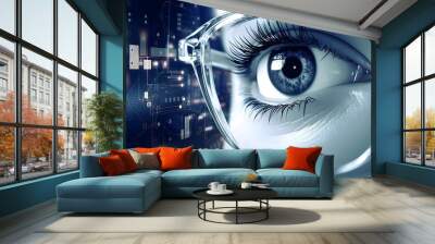 Closeup shot of a blue human eye wearing optical glasses Ophthalmology concept
 Wall mural