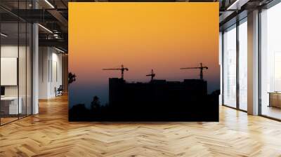 Construction cranes working on the light of the setting sun Wall mural