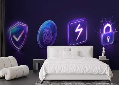 Cyber Security Icons in Neon Glow Wall mural