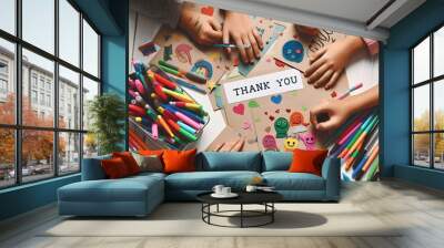 Children Expressing Thanks with Handmade Cards Wall mural