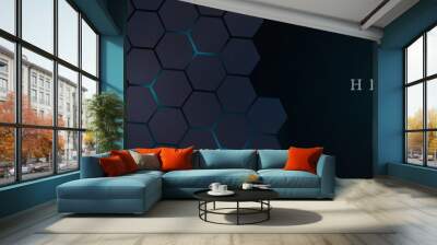 Dark gray and blue horizontal hexagonal technology abstract vector background. Red bright energy flashes under the hexagon in a wide banner of futuristic modern technology. vector Wall mural