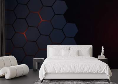 Dark gray and red horizontal hexagonal technology abstract vector background. Red bright energy flashes under the hexagon in a wide banner of futuristic modern technology. vector Wall mural