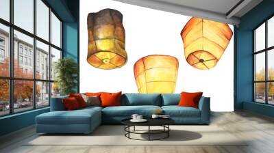 Set of Paper lantern, Floating lanterns in the sky. Making a Wish. Watercolor illustration. Wall mural