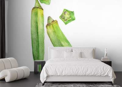 Watercolor illustrations of fresh okra or green roselle isolated on a white background, healthy vegetable  Wall mural