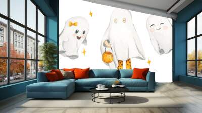 Watercolor set with cute ghosts. Kid  in sheet costume. Halloween costumes. Autumn holiday. Trick or treat. Wall mural