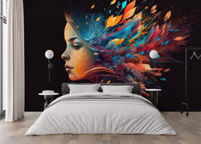 Pretty girl in collective mind concept art with dreams and emotions, Generative AI Wall mural