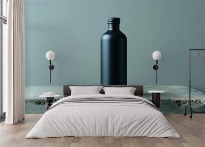 1. A minimalist image with a white background featuring a sleek black water bottle, positioned upright in the center Wall mural