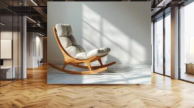 45. A minimalist image with a white background featuring a single modern rocking chair with a cushion, positioned in the center Wall mural