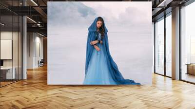 Art photo. Fantasy young woman fairy elf in blue cape with hood stands in cold wind. Winter nature background, mountains in the clouds, dramatic sky white snow. Girl Queen walks in dress, silk cloak Wall mural