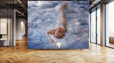 Fantasy woman holy goddess lies dreaming on white clouds, girl in image of zodiac sign Virgo. Astrological symbol horoscope, blue sky heaven, shining stars magical divine light, cosmos universe space Wall mural