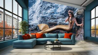 Fantasy woman real mermaid myth goddess of sea. Art goldfish creative costume ocean siren sexy body spa relaxation. mystic spirit of lake river floats swimming in water. sunset nature Magic sun light  Wall mural