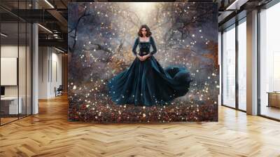 Gothic fantasy woman witch holding magic book hands. Long black velvet medieval vintage dress flies wind. Girl conjures. Bright divine light glow sparkles magic circle around lady. Autumn forest tree. Wall mural